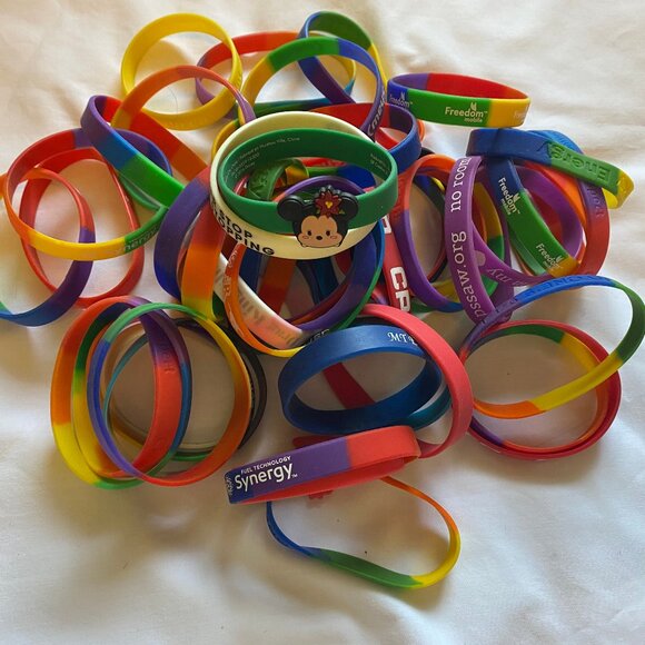 Big Mix Lot of 50 Silicone Rubber Bracelets LGBTQ+ and Ads, Disney, Freedom etc. - Picture 1 of 7